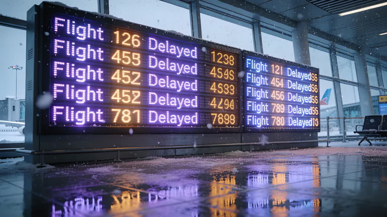 Grande painel de voos sendo atualizado no aeroporto, alternando informações de voos que indicam atrasos e o brilho do piso.