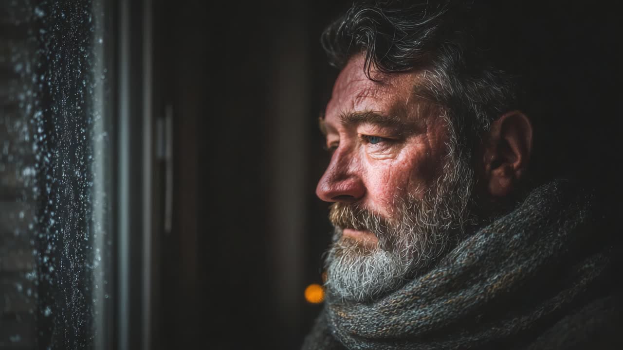 Um momento contemplativo em solidão: um olhar reflexivo através de uma janela molhada pela chuva, incorporando a profundidade do pensamento, emoção e introspecção durante uma noite tranquila.