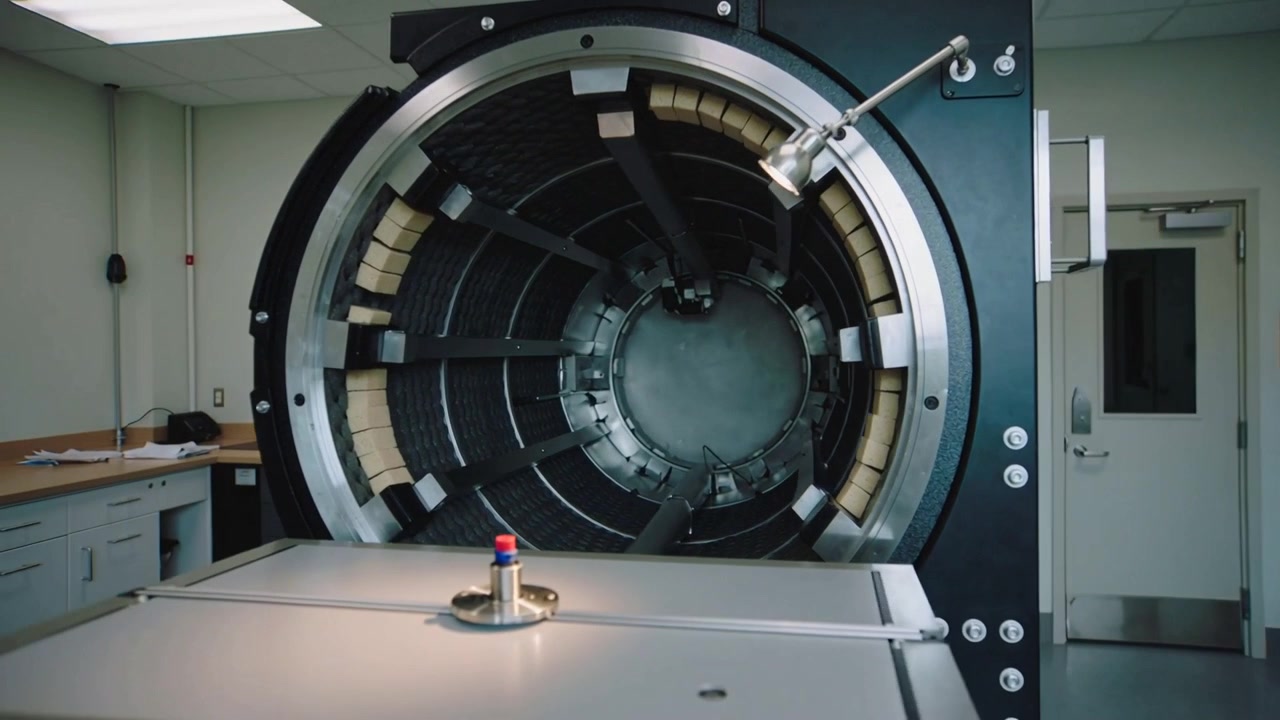 Motore in avviamento, tamburo industriale che ruota lentamente per ispezione in laboratorio, con lampada e valvola rossa e blu.