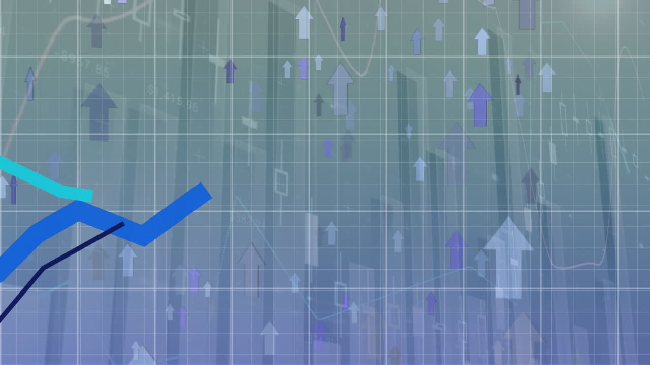 파란색 배경에 있는 화살표 위에 있는 금융 데이터 처리 애니메이션