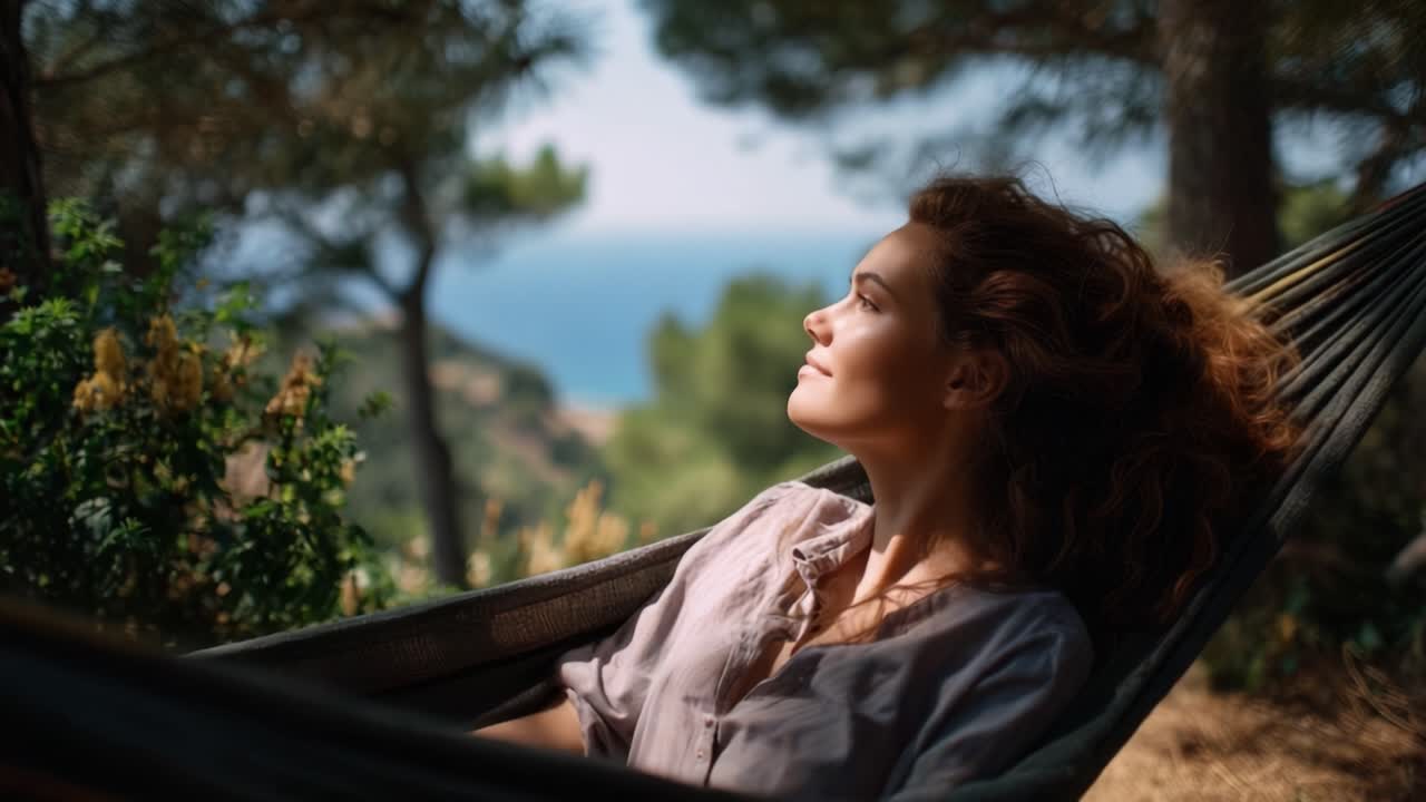 Um momento de paz na natureza: uma mulher relaxa em uma rede, apreciando as vistas serenas da vegetação e o oceano tranquilo ao longe