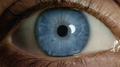 Nahaufnahme-Eines-Makroblauen-Auges,-Das-Sich-Mit-Licht-Zusammenzieht,-Das-Auf-Dem-Konzept-Der-Iris-Optometrie-Reflektiert