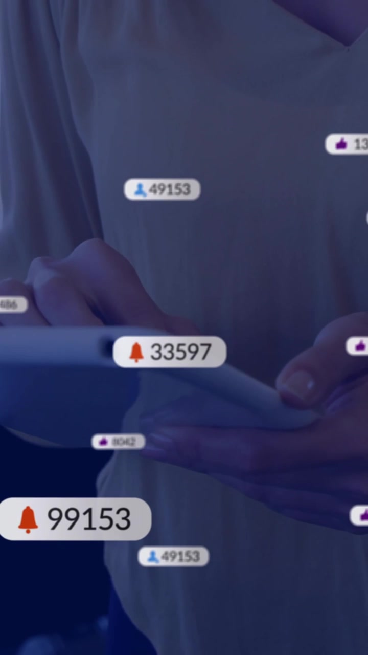 Animation of icons and data processing over caucasian businesswoman using tablet