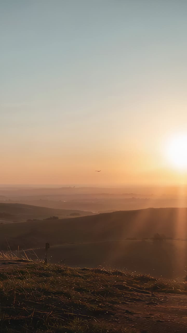 Vídeo vertical: el sol bajo brilla proyectando rayos sobre el páramo mientras la cámara se desplaza mostrando el destello oscuro del poste del pájaro
