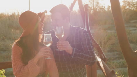 couple clinking glasses of wine in warm sunset light