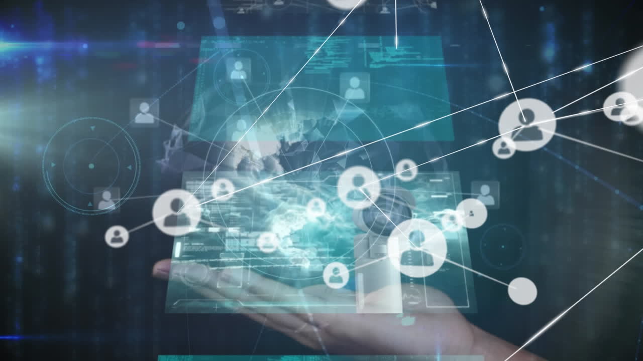 Animation of network of connections with icons over data processing on black background
