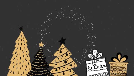 Animation-Von-Partikeln,-Die-Sich-über-Weihnachtsbaum--Und-Geschenksymbolen-Vor-Grauem-Hintergrund-Drehen