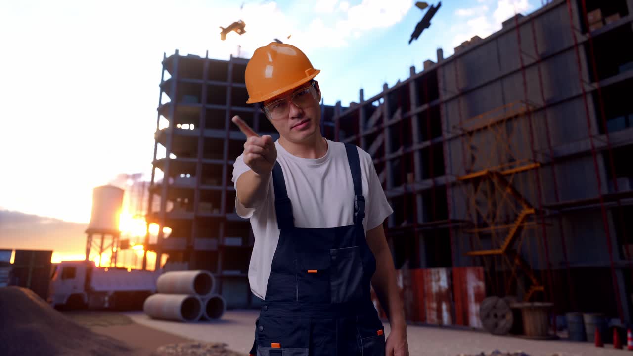 un trabajador asiático desaprueba sin señal del dedo índice en el sitio de construcción.