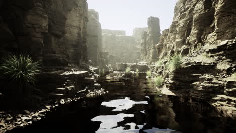 breathtaking rock formations surrounding a serene water pool in a canyon