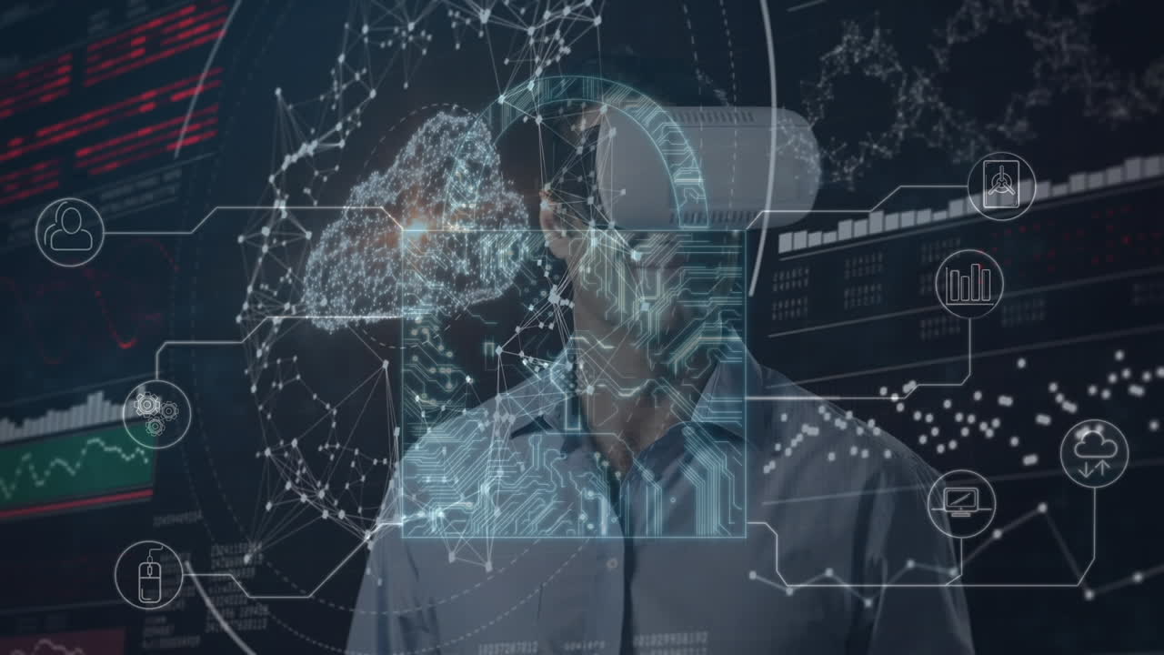 헤드 ⁇ 을 착용한 사람 위의 연결 네트워크의 애니메이션