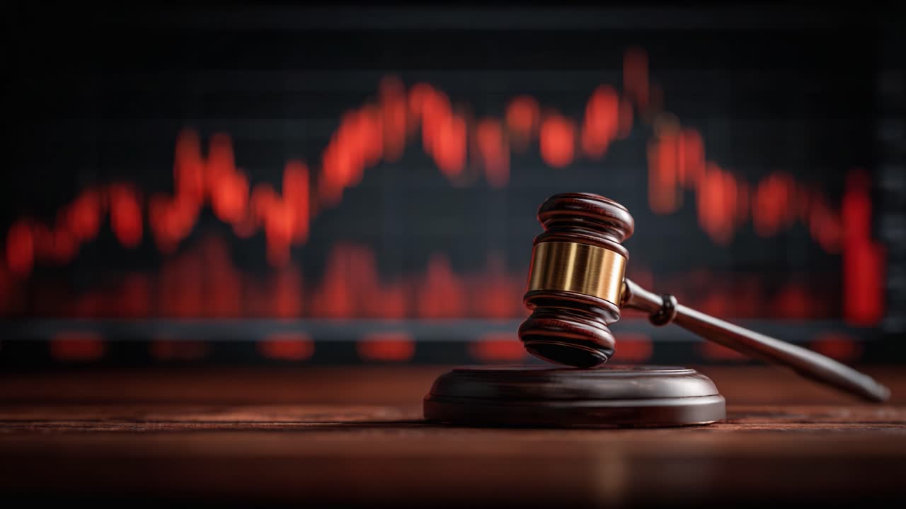 Un primo piano di un martelletto che poggia su un blocco di legno, con sullo sfondo grafici rossi fluttuanti del mercato finanziario, a simboleggiare l'intersezione tra diritto e finanza