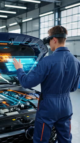 mechanic using vr/ar headset for car diagnostics and repair