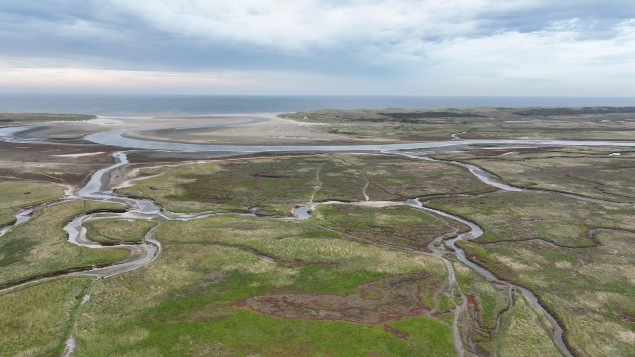 National Park Dunes of Texel, The Netherlands. Nature reserve, dunes area, north sea. An aerial drone video.