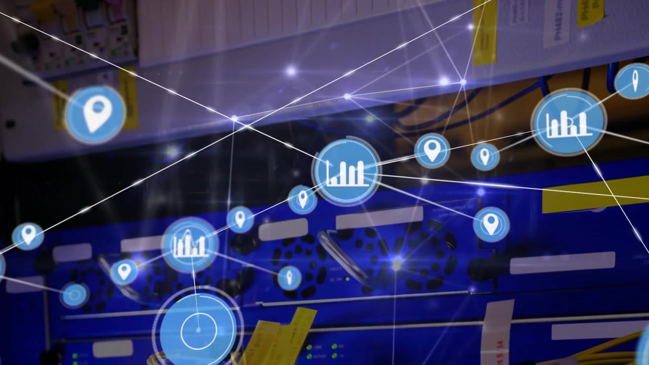 Animation af netværk af forbindelser med ikoner og databehandling.