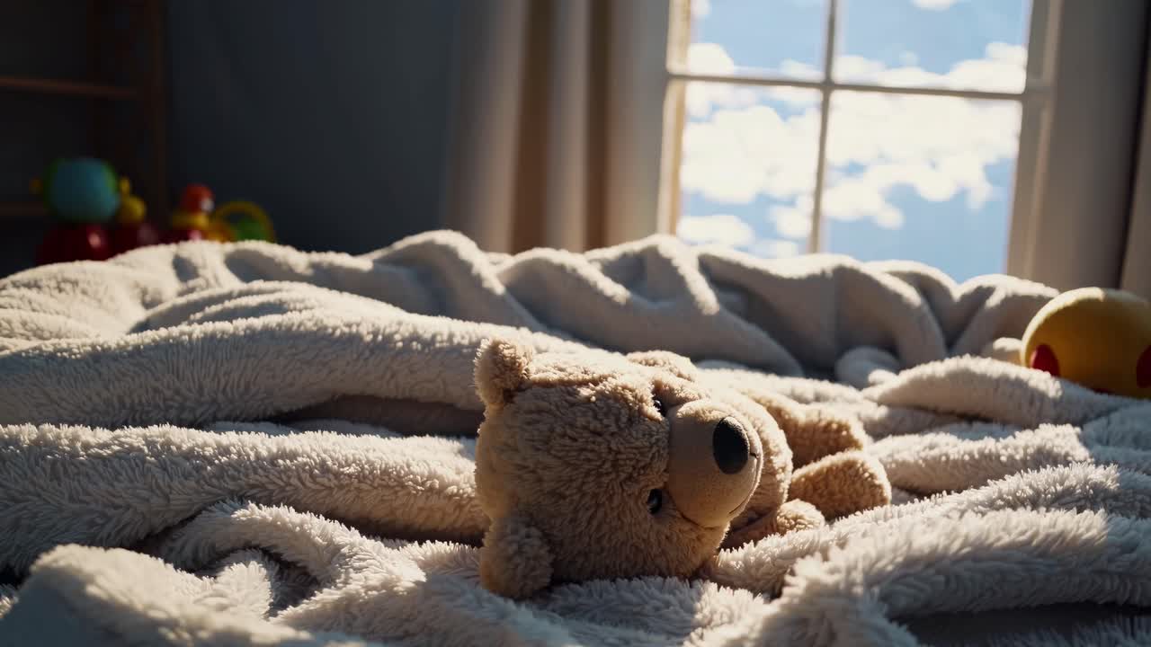 Cozy video scene of a teddy bear on a fluffy bed, captured from a low angle