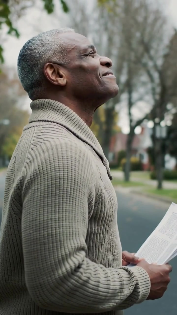 Vertical video: Reading folded note, man tilting into smile on street wearing ribbed knit sweater