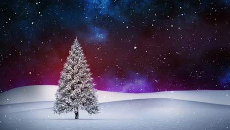 Weihnachtsbaum-In-Winterlandschaft-Und-Fallendem-Schnee