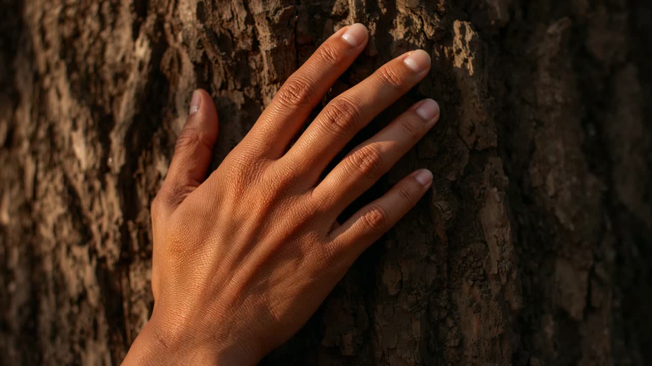 Placing right hand pressing palm into sunlit tree trunk in park, feeling rough bark grain