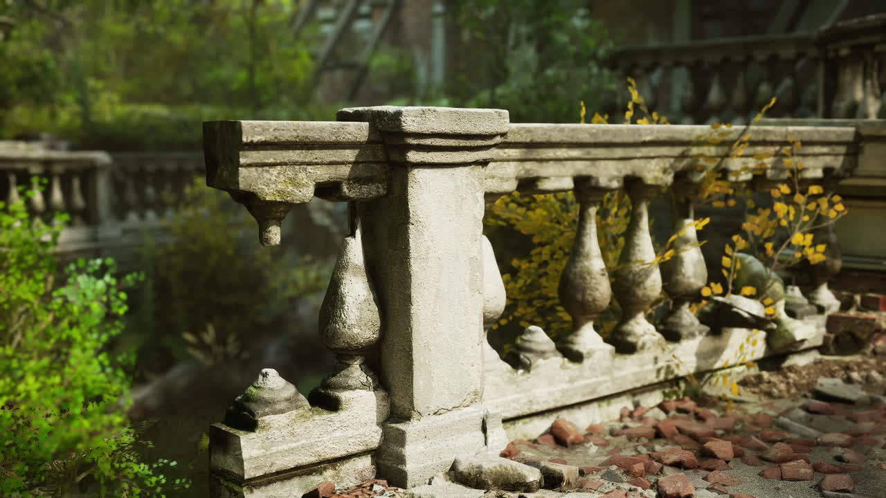 Resti di un'antica villa europea con elaborate ringhiere in pietra immersa nel verde