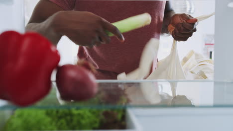 view looking out from inside of refrigerator as man opens door and unpacks shopping bag of food