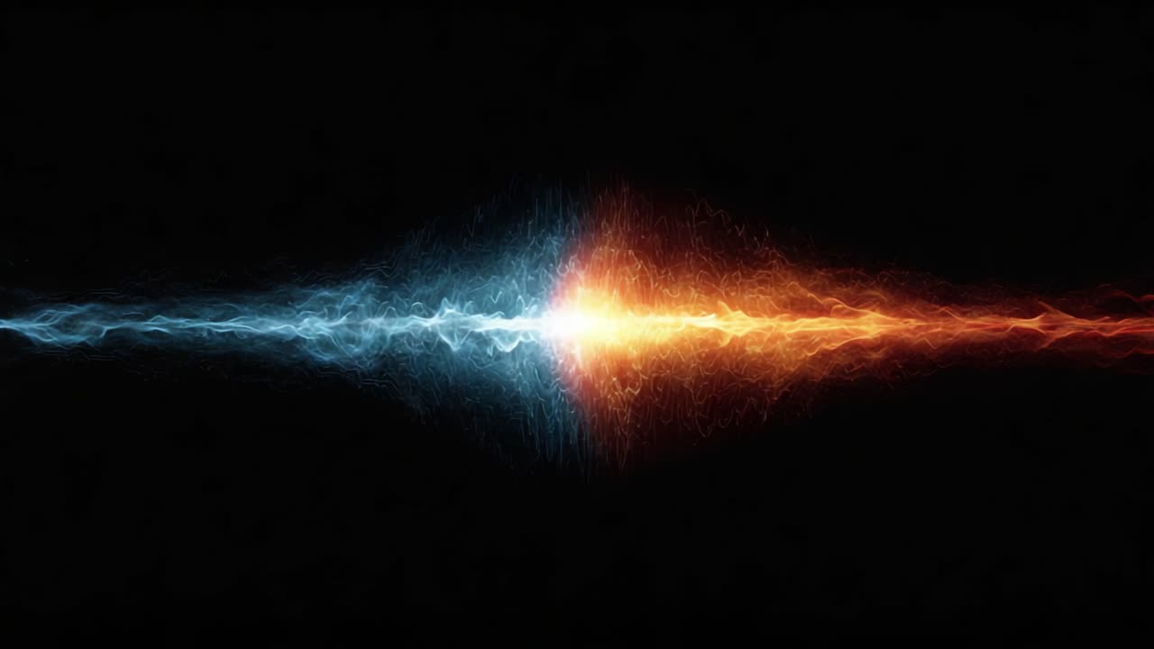 Representación visual dinámica de ondas sonoras, con flujos vibrantes azules y naranjas, demostrando la interacción de energías en una composición abstracta.