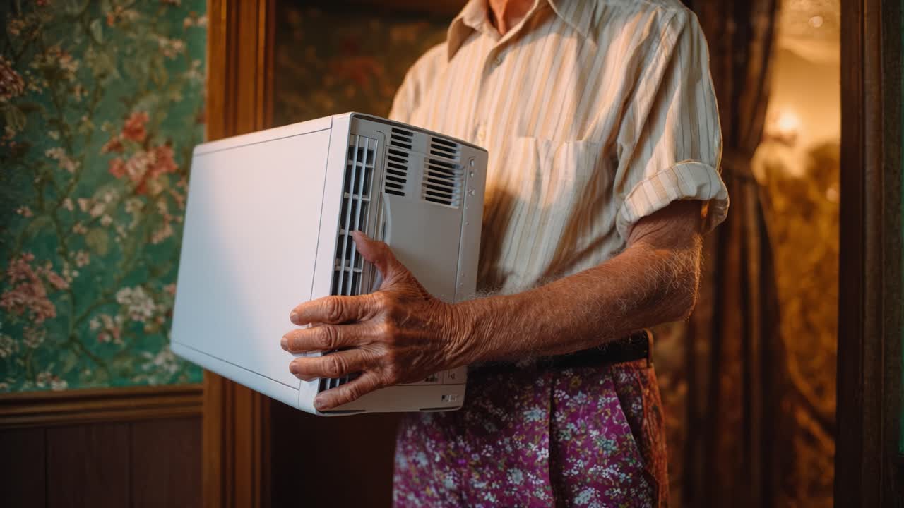 An elderly man holds a small appliance, showcasing his gentle grasp and careful demeanor in a floral-themed room, emphasizing his connection to the equipment's functionality