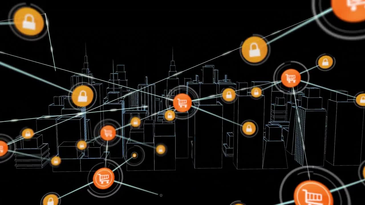 Animazione di reti di connessioni con icone su un disegno 3D di città che ruota su sfondo nero