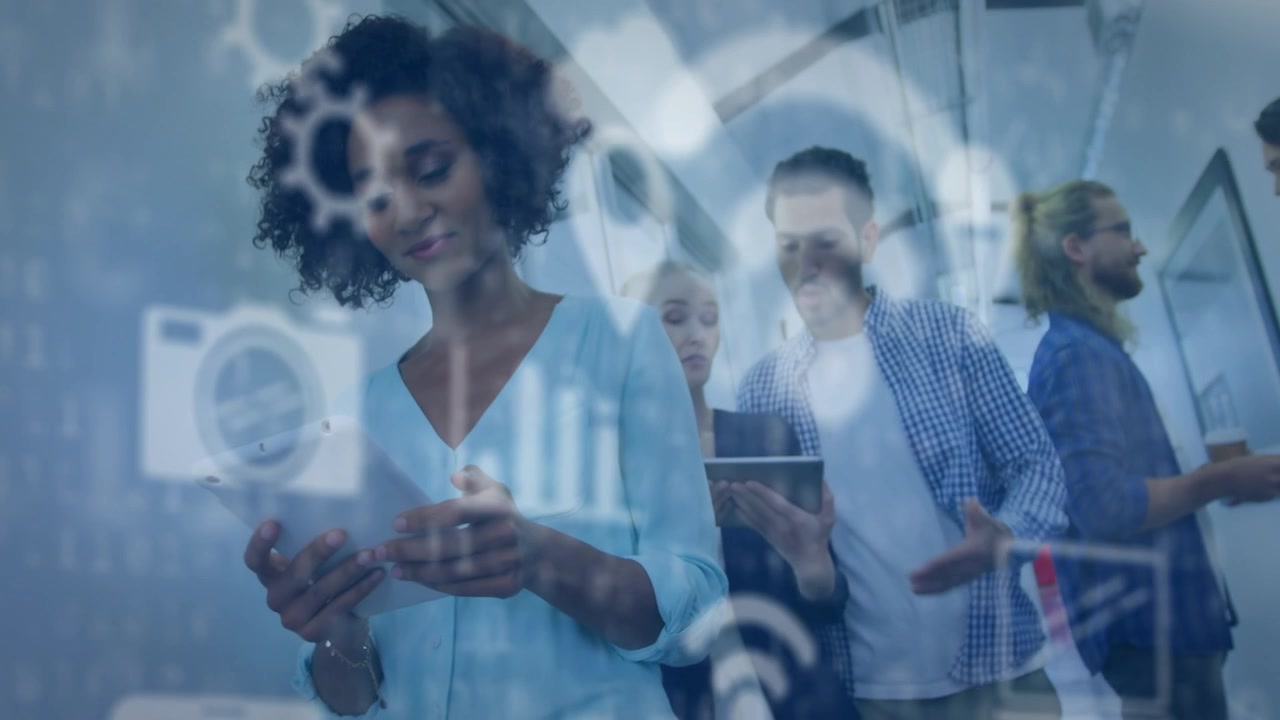 Woman tapping tablet and leading business review, HUD showing charts, team leaning, fourth marginal