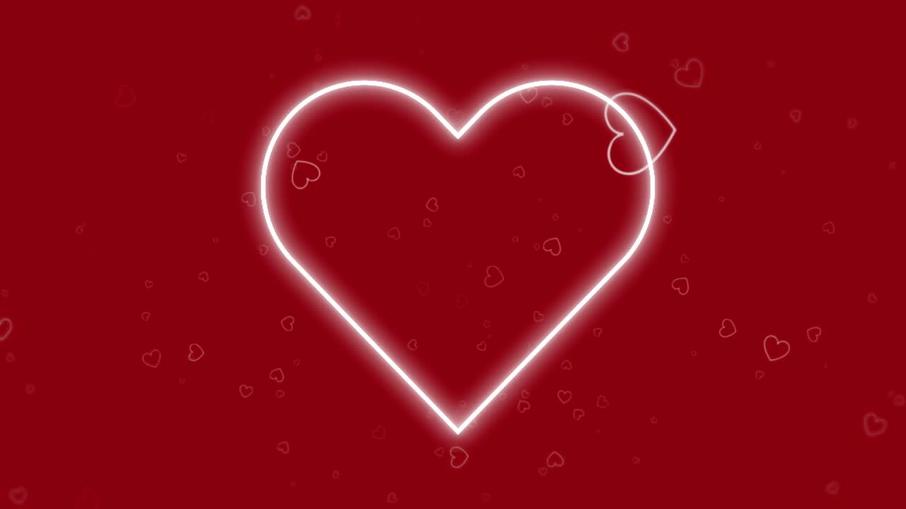 빨간색 바탕에 떠다니는 빨간색 심장 아이콘과 네온 심장의 애니메이션