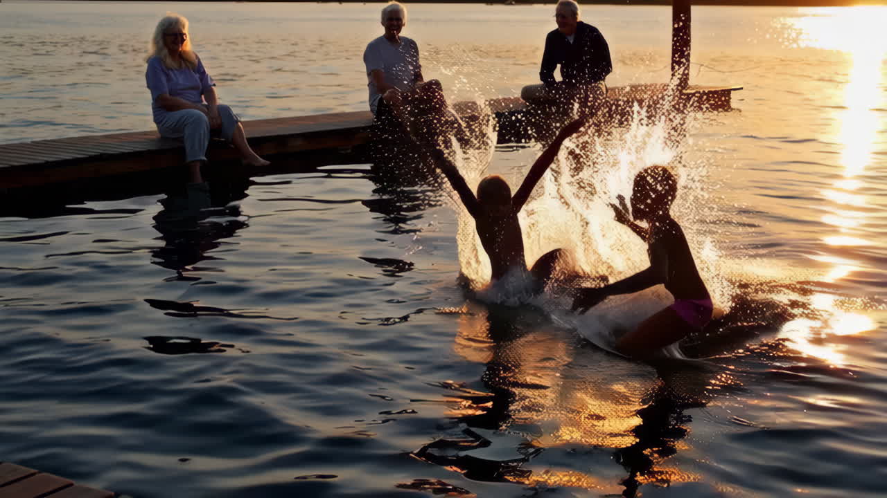 Family enjoying a beautiful sunset by the lake, with children playing in the water