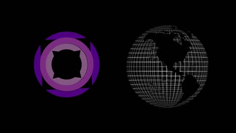 Animation-of-circles-and-globe-spinning-on-black-background