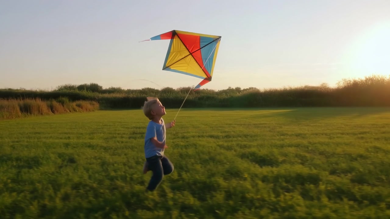 Un bambino si muove costantemente attraverso l'erba verde con un aquilone luminoso e multicolore che si alza sopra, guardando verso la telecamera mentre il sole basso retroillumina i capelli, il campo e la vegetazione distante.