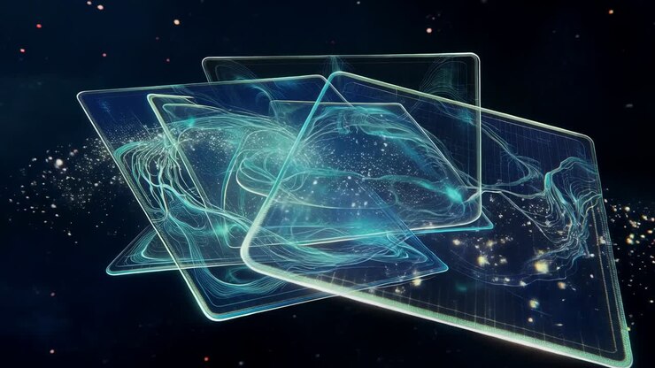 Startende CGI roterende gennemsigtige paneler, der danner turkis nebulakernen i rummet og udsender gnister
