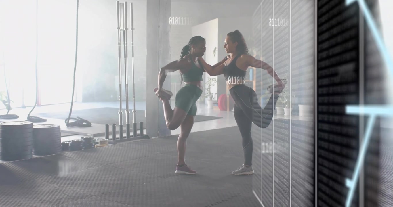 Two women supporting each other activating glass tech panel while stretching quadriceps for fitness