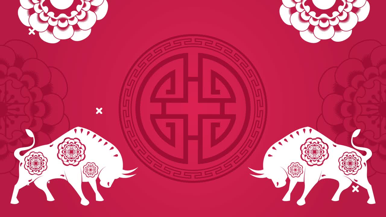 feliz tarjeta de año nuevo china con bueyes y flores