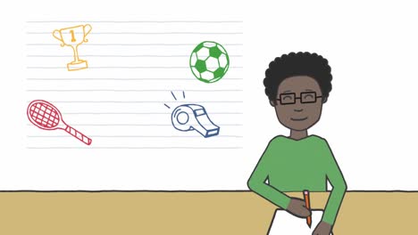 la animación de los iconos de la escuela sobre el escolar afroamericano.