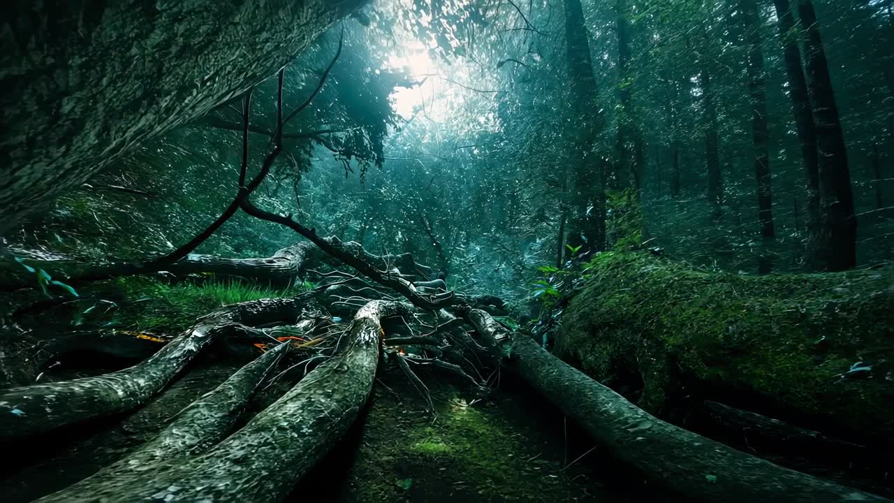Tilting camera moving upward after seeing canopy gap in damp ravine, showing trunks and roots