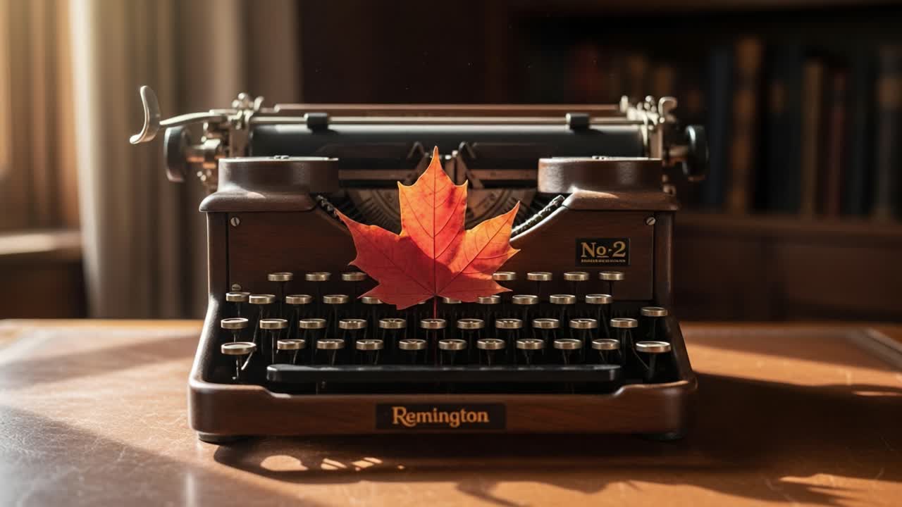 A Vintage Remington Typewriter Adorned with a Rustic Autumn Leaf, Highlighting the Contrast Between Classic Literature and Seasonal Beauty in an Inviting Space