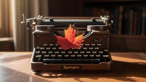 a vintage remington typewriter adorned with a rustic autumn leaf, highlighting the contrast between classic literature and seasonal beauty in an inviting space
