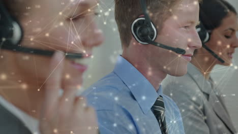animation of networks of connections over business people using phone headsets