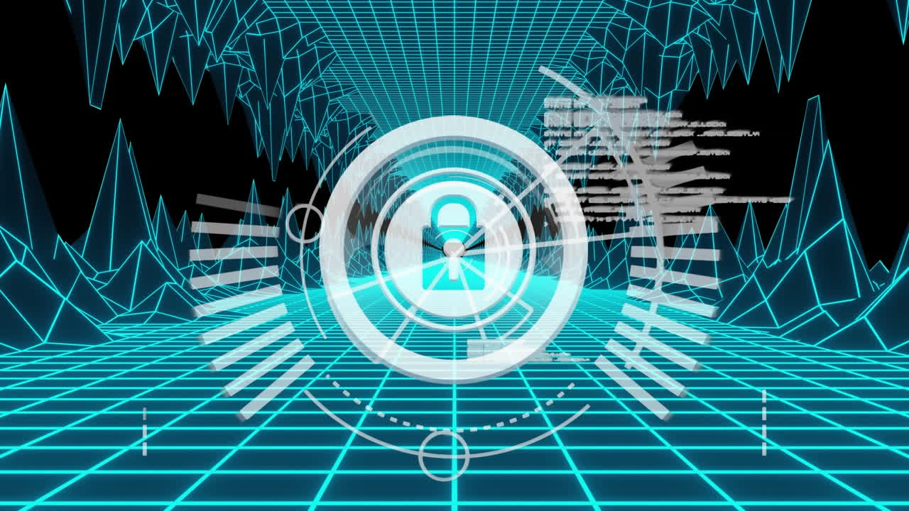 파란색 디지털 터널에서 데이터 처리를 하는 온라인 보안  ⁇ 락의 애니메이션