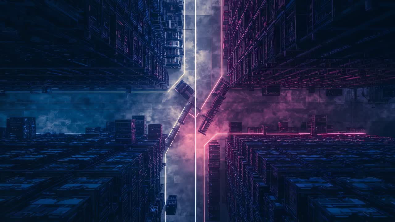 Starting central neon barrier pulsing amid skyscrapers with clouds swirling around floating modules