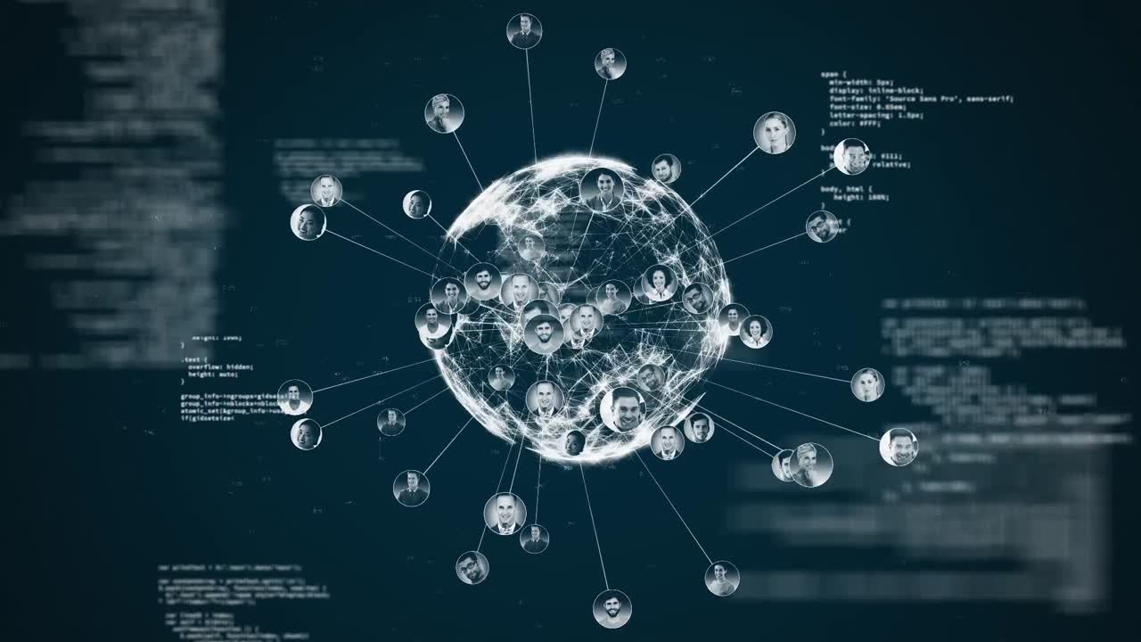 Animation of globe and financial data processing on black background