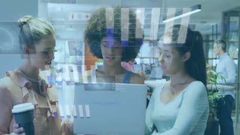 Animation-of-graphs,-radars-and-computer-language,-diverse-female-coworkers-discussing-on-laptop