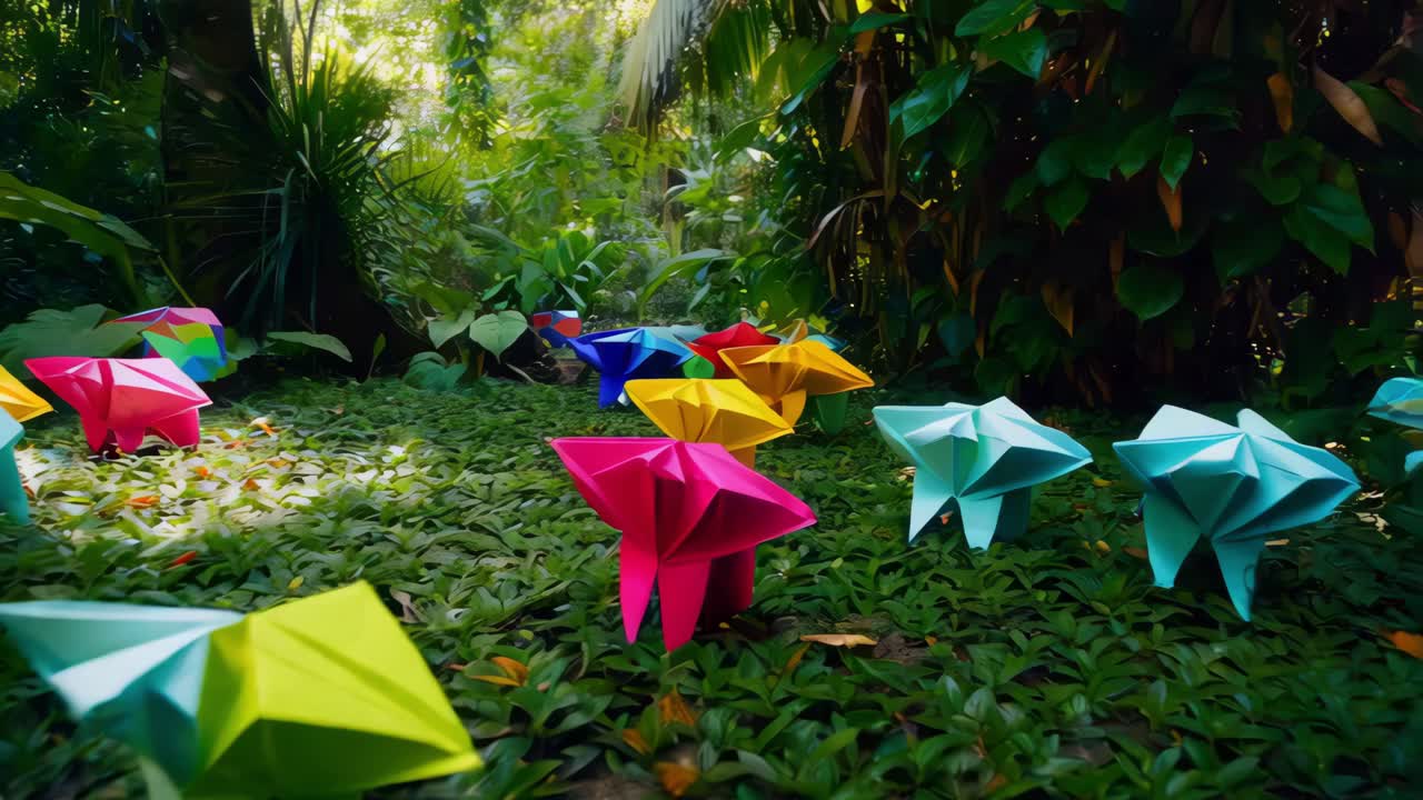 animales de origami coloridos en un bosque exuberante