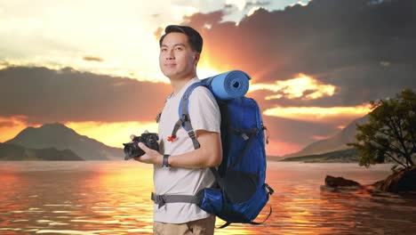 Side View Of Asian Male Hiker With Mountaineering Backpack Smiling And Holding A Camera In His Hands Then Looking Around At A Lake