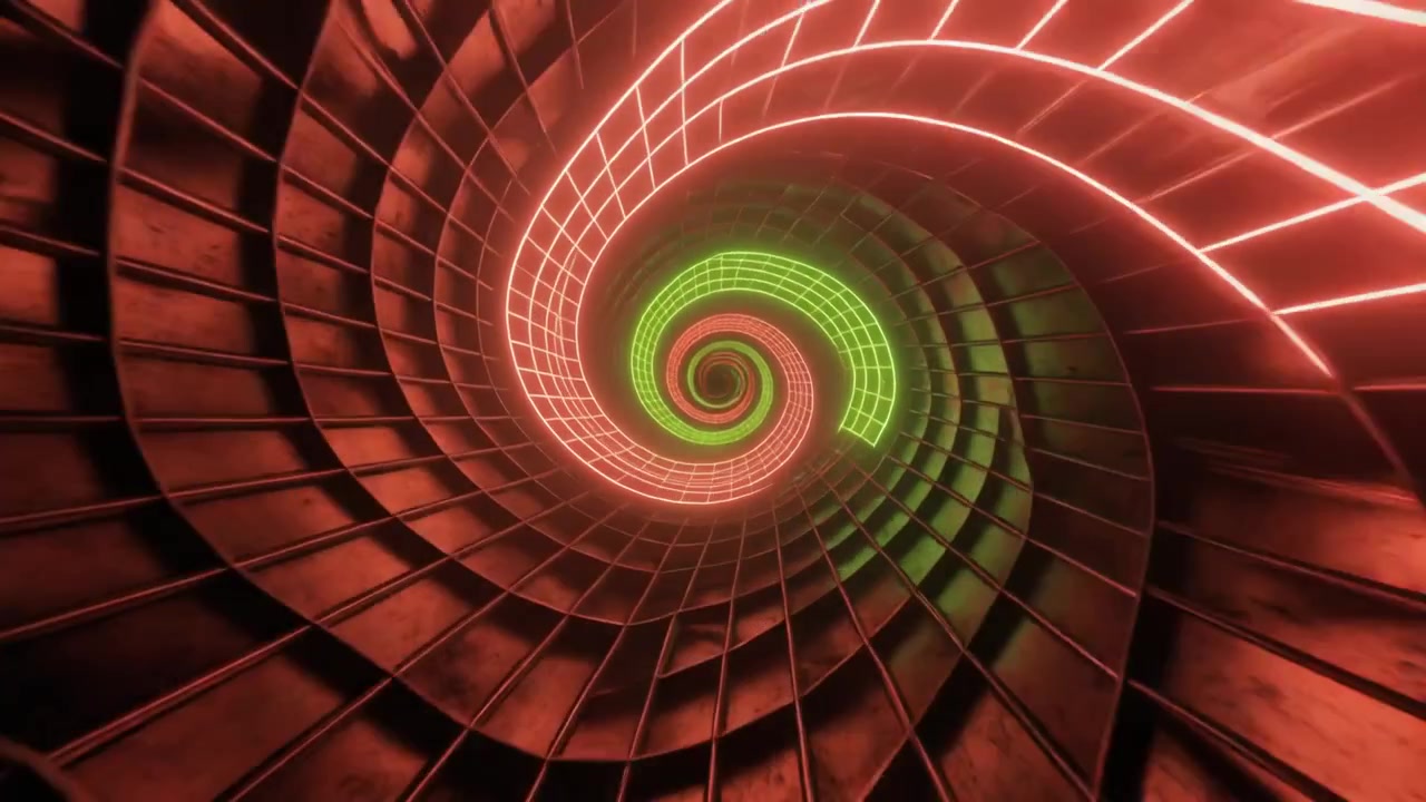 Tunnel a spirale astratto al neon con linee di griglia luminose