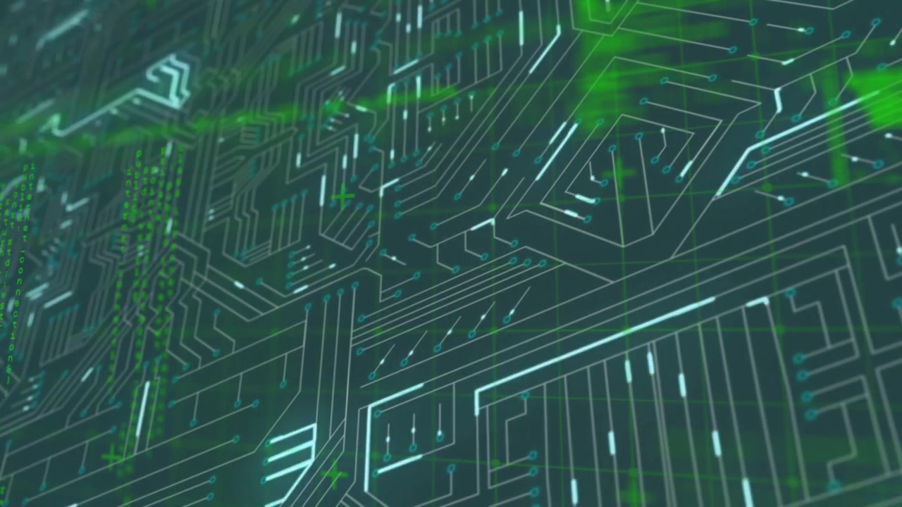 Animation of data processing over computer circuit board on black background