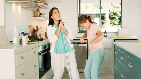 Cleaning,-mom-and-girl-dance-in-the-kitchen