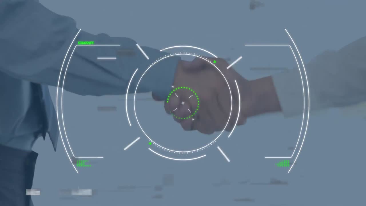 Animation of scope scanning and data processing over businessman handshake